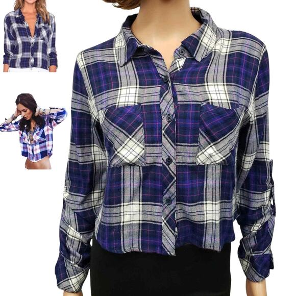 RAILS Hunter Shirt Cropped Long Roll-tab Sleeves Pockets Rian Plaid Rayon S - Picture 1 of 13